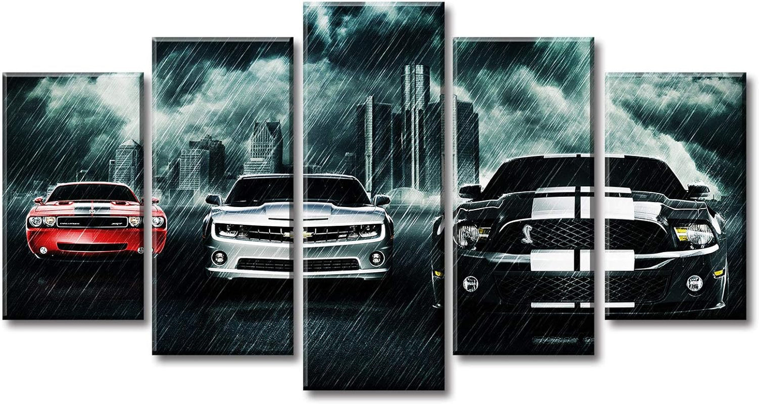 Boys Bedroom Decor Car Posters of Sports Cars Black and White Red Wall Art 5 Piece Muscle Cars Painting Landscape Pictures Canvas Artwork Men Office Decorations Gifts for Teen Boy 40"W X 22"H