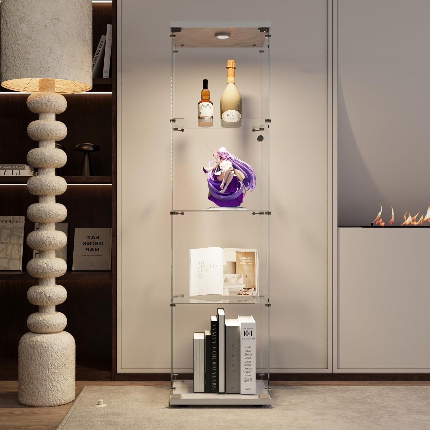 Glass Display Cabinet 4 Shelves with Light and Door, Easy to Install, Solid Tempered Glass, Floor Standing Curio Bookshelf for Living Room Bedroom Office (White)