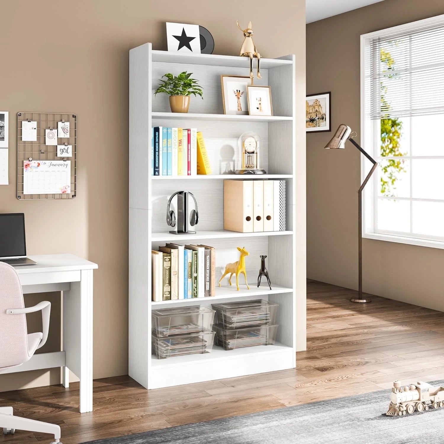 Modern 6-Tier White Library Bookshelf with Storage Shelves, 72" Tall Bookcase for Bedroom Living Room Office