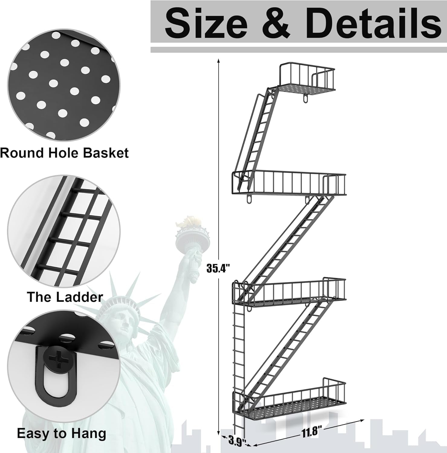 Fire Escape Wall Shelf - 4 Tier Metal Black Fire Escape Shelf with Baskets, New