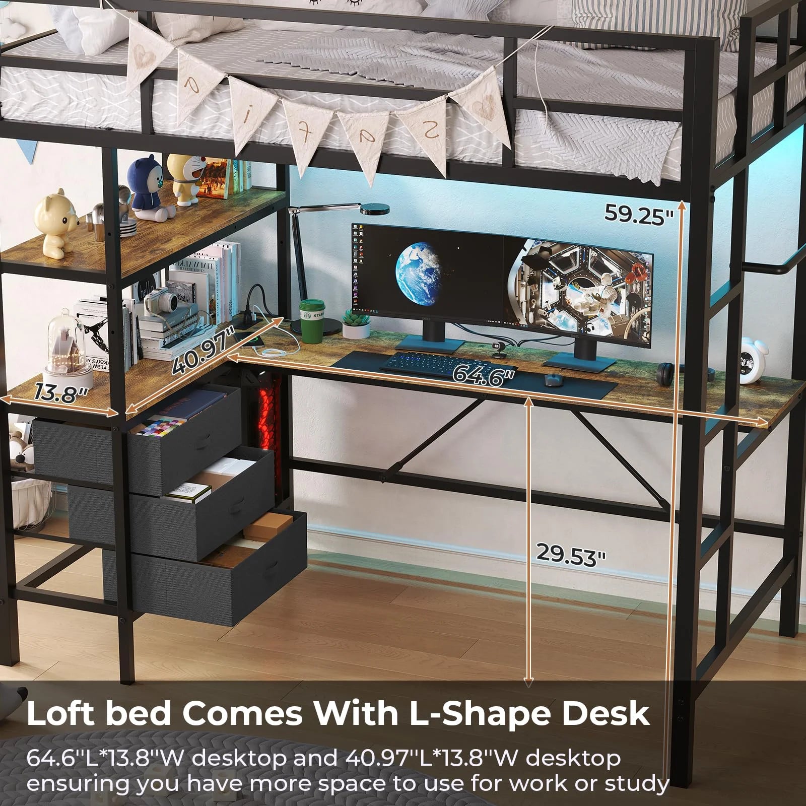 Twin Metal Loft Bed Frame with L-Shaped Desk&Led Lights&Charging Station, Black LED Loft Bed with 3 Storage Shelves&Drawers, No Box Spring Needed