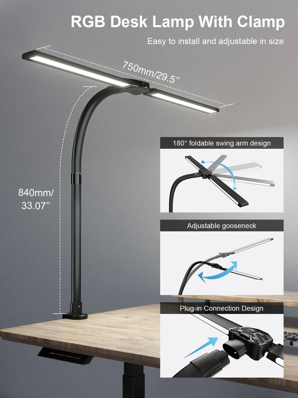 RGB Double Swing Arm Desk Lamp - 24W Ultra Bright Auto Dimming Desk Light, Multi-Angle Adjustment, Touch Control Desktop Lamp- Ideal for Home Office, Gaming, Reading, Work