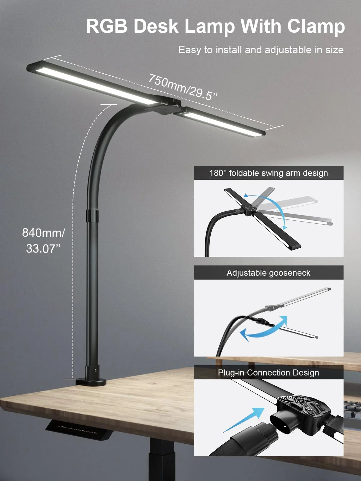 RGB Double Swing Arm Desk Lamp - 24W Ultra Bright Auto Dimming Desk Light, Multi-Angle Adjustment, Touch Control Desktop Lamp- Ideal for Home Office, Gaming, Reading, Work