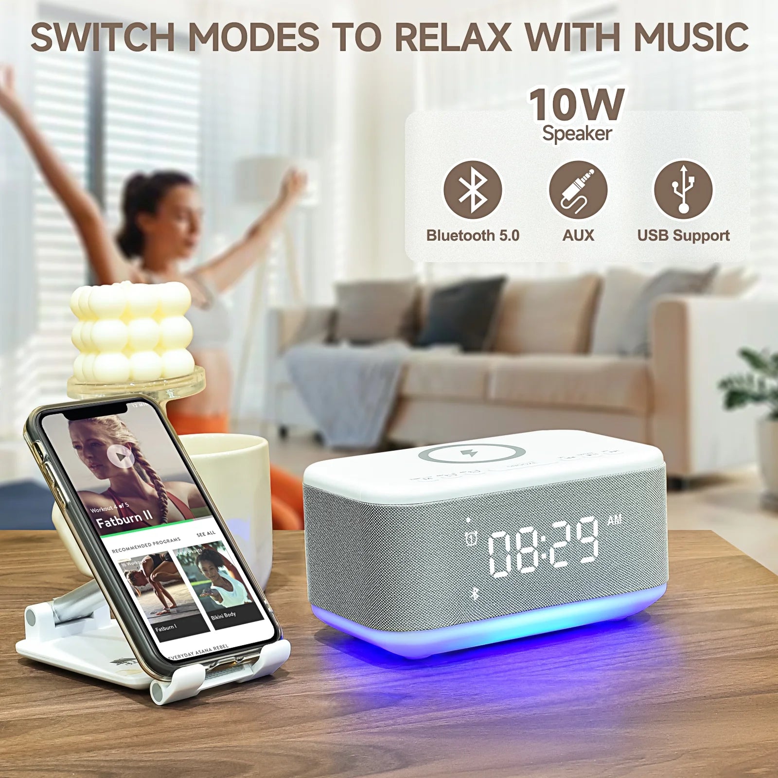 Tech Vibrating Alarm Clocks, Dimmable Digital Alarm Clocks Wireless Charger Bluetooth (Gray)