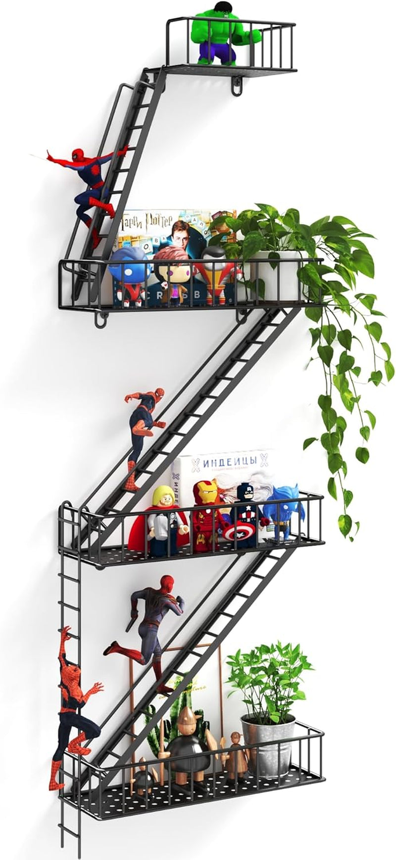 Fire Escape Wall Shelf - 4 Tier Metal Black Fire Escape Shelf with Baskets, New