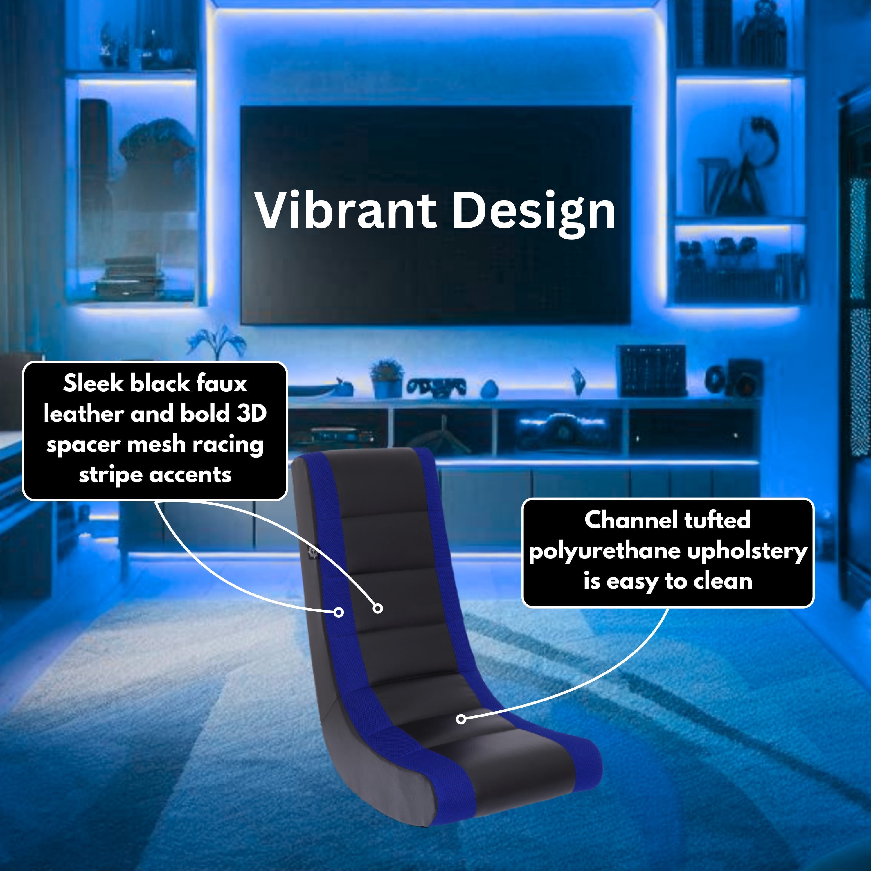 Classic Video Rocker Floor Gaming Chair, Kids and Teens, PU Faux Leather & Polyester Mesh, Black/Blue