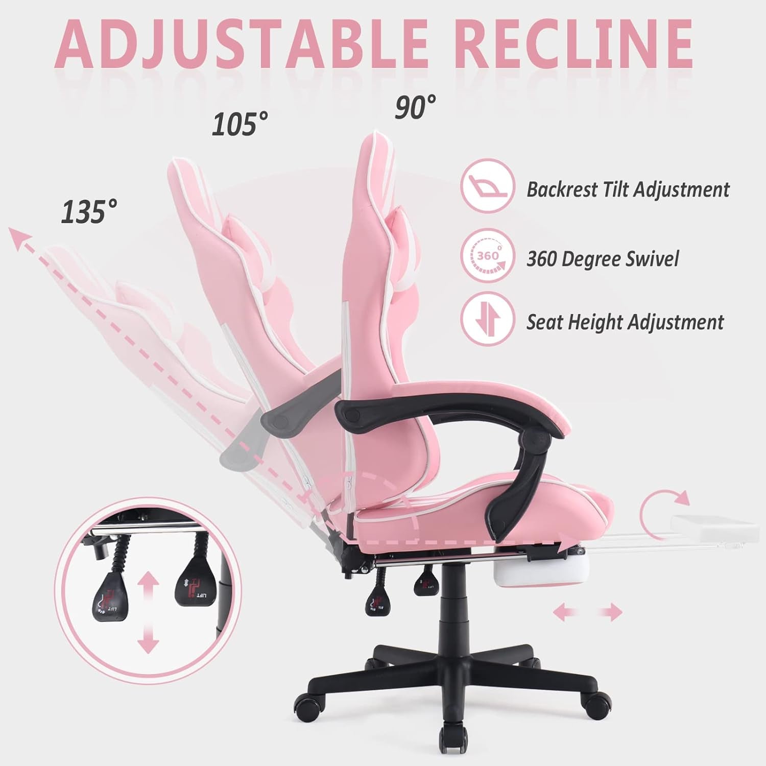 Gaming Chairs with Footrest,Computer Game Chair,Massage Gaming Chairs,Christmas,Xmas Gift,Pc Gaming Chairs for Adults Teens for Gaming Live Streaming Room(Pink,Racing Version)