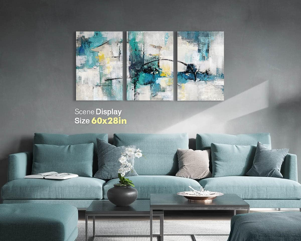 Modern Abstract Wall Art – Teal Canvas Painting for Living Room, Bedroom, Dining Room, Office, Kitchen, Large 60X28 Inch