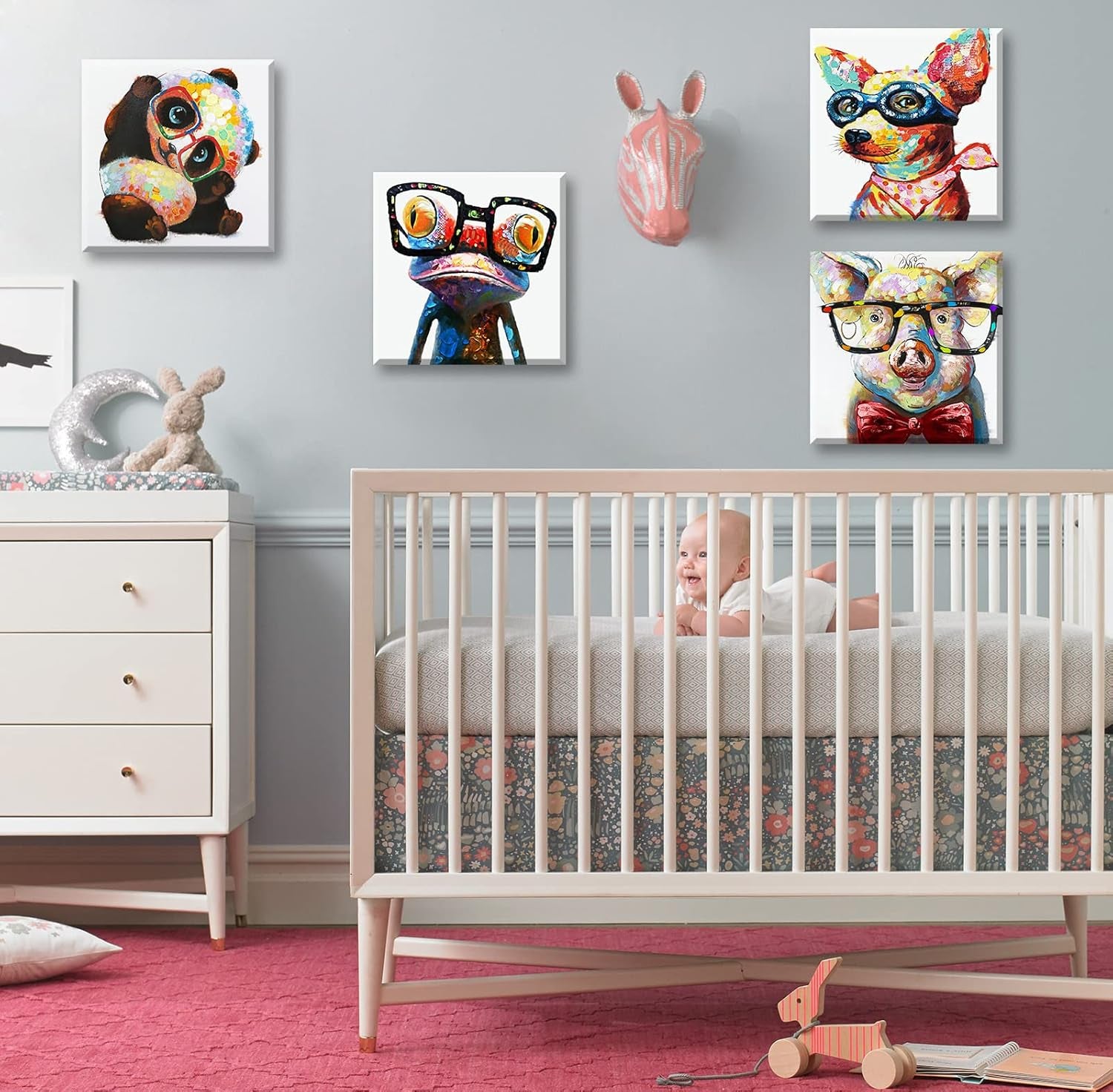 Colorful Cartoon Animal Wall Art Canvas Print Funny Cute Panda Frog Pig Pictures for Kids Bedroom Nursery Decor Artwork Framed 12''X12''X4