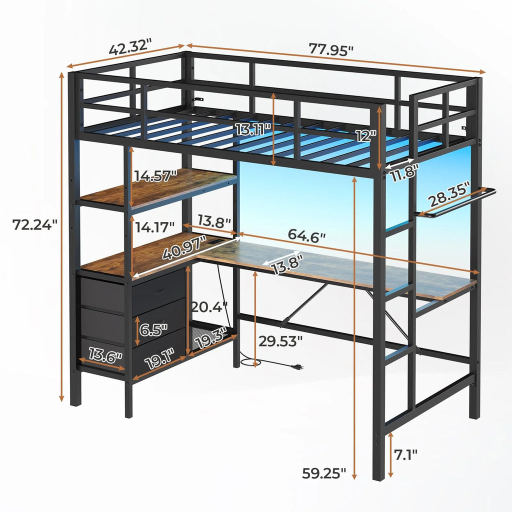 Twin Metal Loft Bed Frame with L-Shaped Desk&Led Lights&Charging Station, Black LED Loft Bed with 3 Storage Shelves&Drawers, No Box Spring Needed