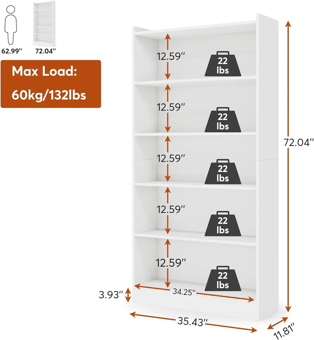 Modern 6-Tier White Library Bookshelf with Storage Shelves, 72" Tall Bookcase for Bedroom Living Room Office