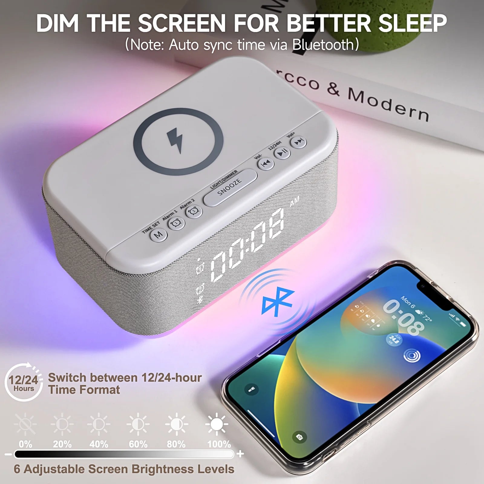 Tech Vibrating Alarm Clocks, Dimmable Digital Alarm Clocks Wireless Charger Bluetooth (Gray)