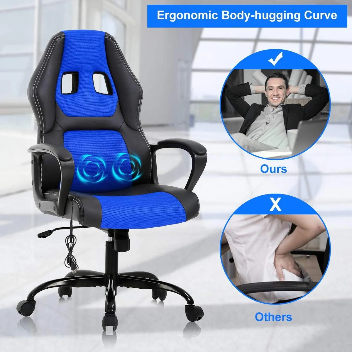 Ergonomic Gaming Chair Massage Computer Desk Chair PU Leather Office Chair Rolling Swivel Racing Chair with 360° Rolling Wheels & Lumbar Support for Teens, Blue