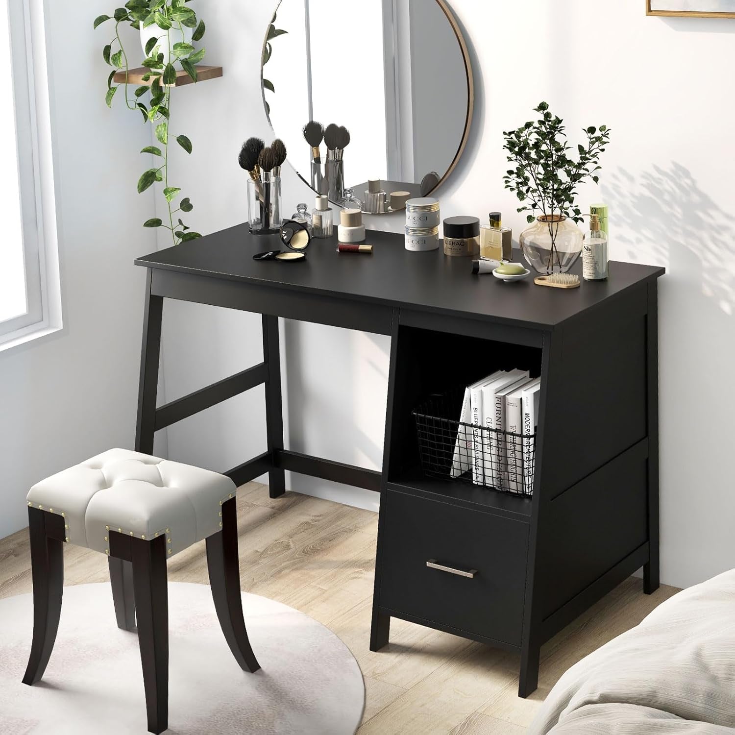 47.5” Computer Desk with 2 Storage Drawers, Small Computer Table Study Writing Desk, Modern Home Office Desk Study Desk with Storage Space (Black)