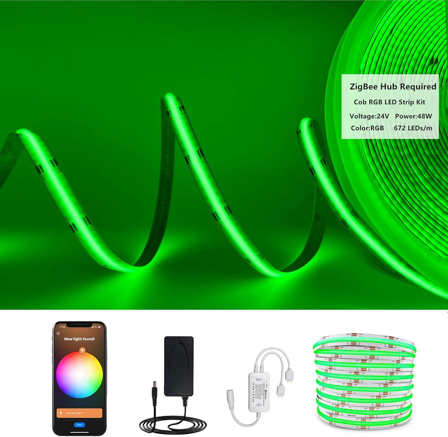 DC 24V Smart Zigbee RGB COB LED Strip Dimmable 16.4Ft Kit Compatible with HUB Bridge,Tuya Gateway and Echo Plus,App/Alexa Voice Control Color Changing RGB LED Lightstrips for Ambiance Lighting