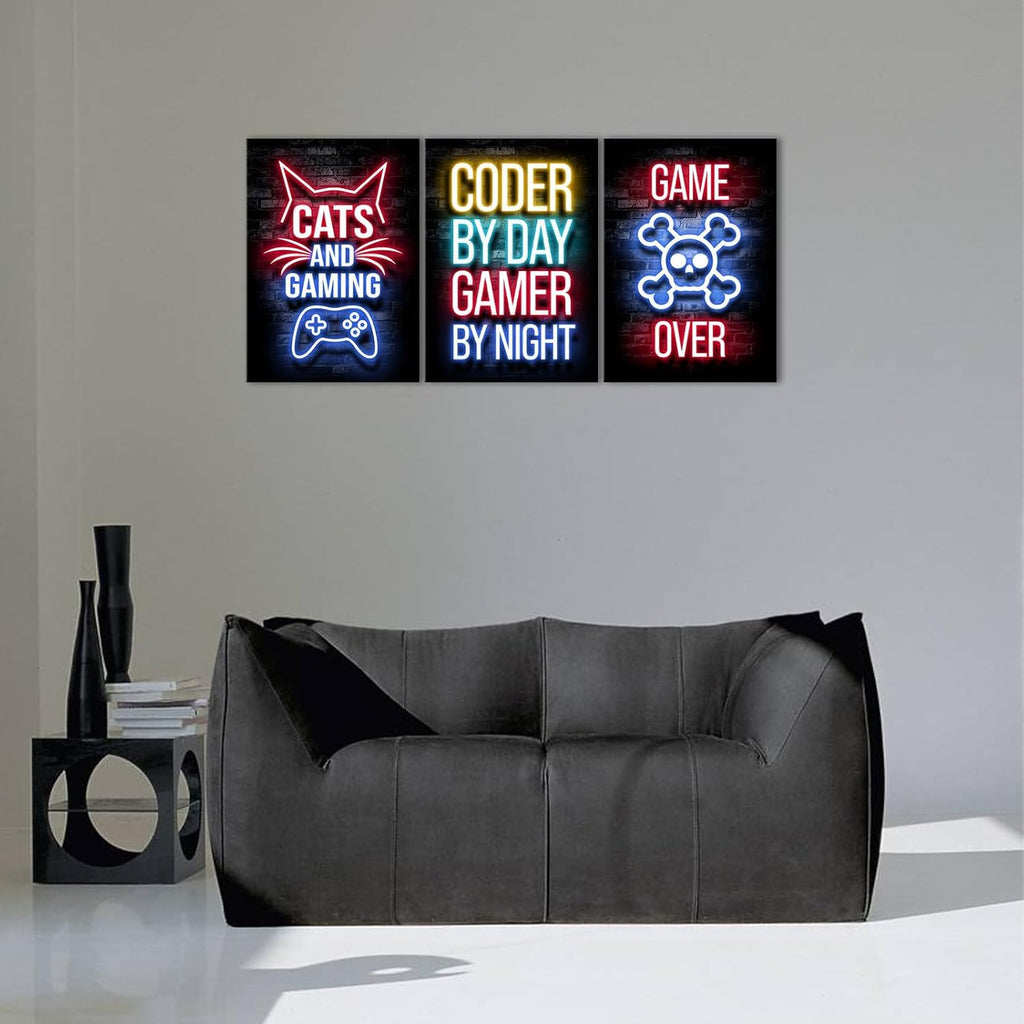 Game Room Canvas Wall Art, Gaming & Chill Wall Art Print Wall Decor,Neon Gaming Posters for Kids Teenage Boys Game Room Playroom Bedroom Decoration Ready to Hang Gifts for Gamers