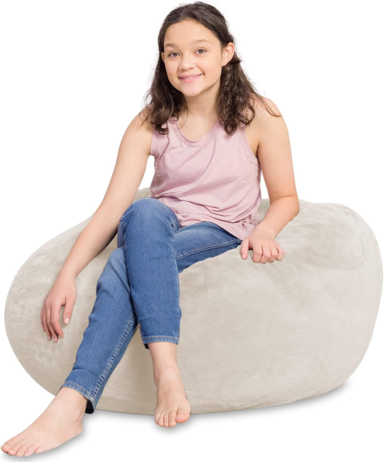 Bean Bag Chair for Kids, Teens, and Adults Includes Removable and Machine Washable Cover, Soft Faux Rabbit Fur - Cream, 38In - Large