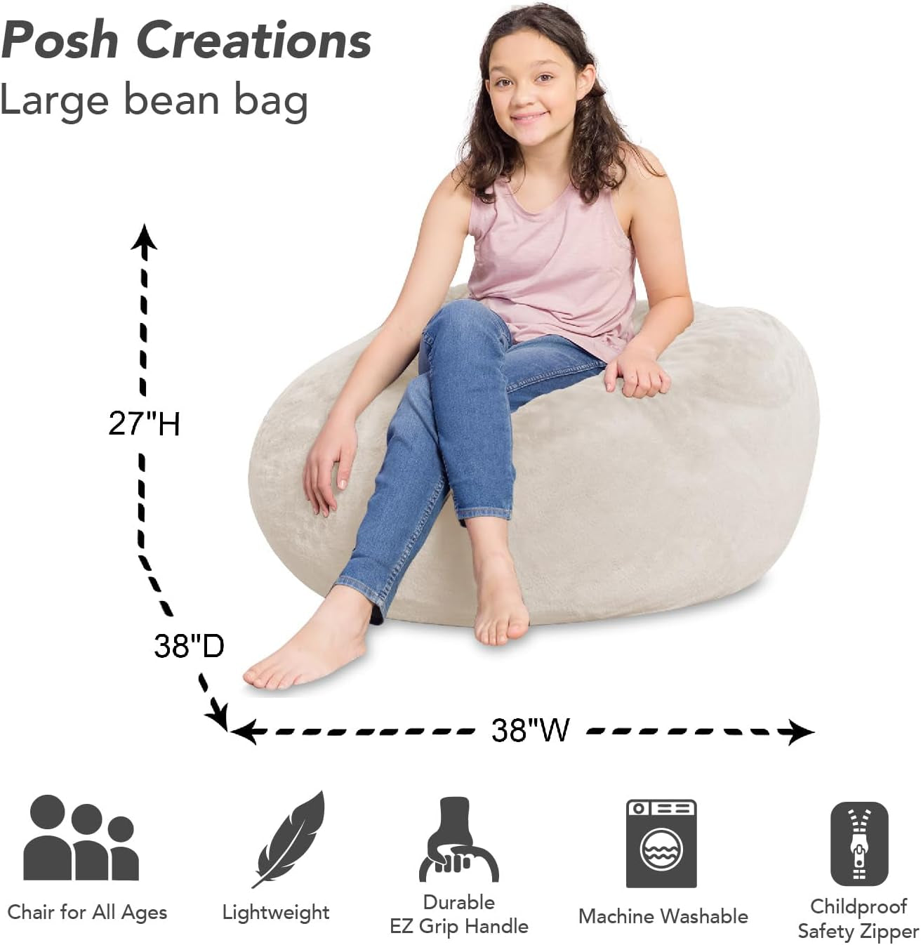 Bean Bag Chair for Kids, Teens, and Adults Includes Removable and Machine Washable Cover, Soft Faux Rabbit Fur - Cream, 38In - Large