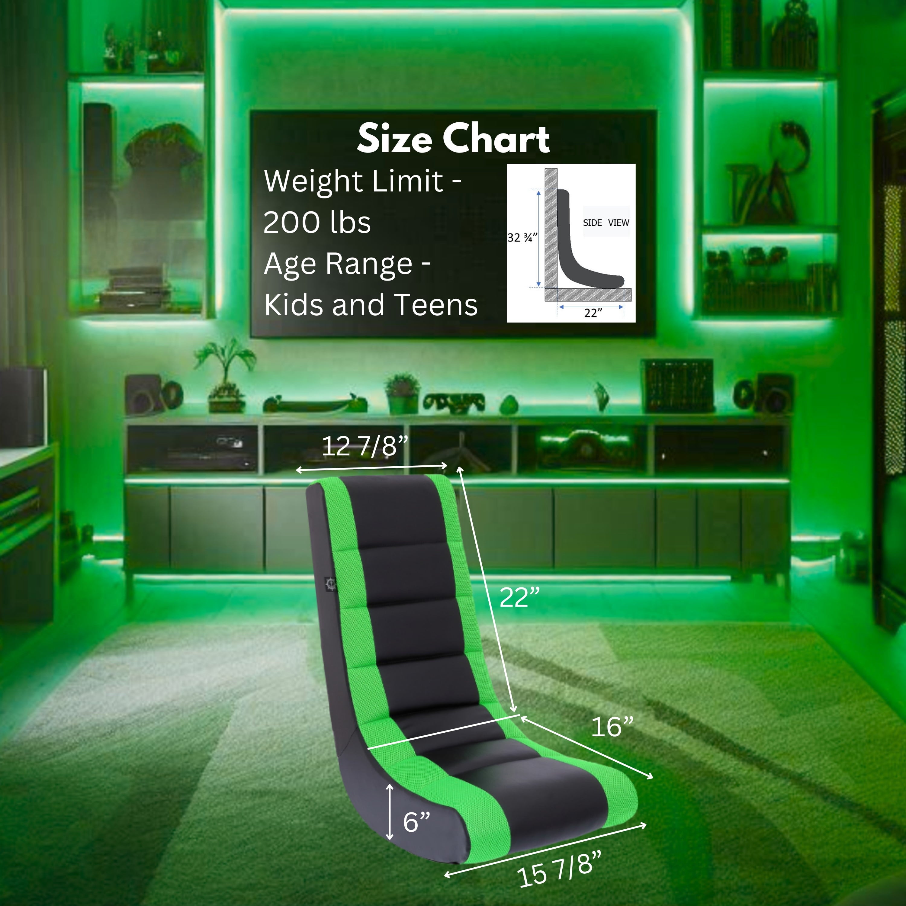 Classic Video Rocker Floor Gaming Chair, Kids and Teens, PU Faux Leather & Polyester Mesh, Black/Green