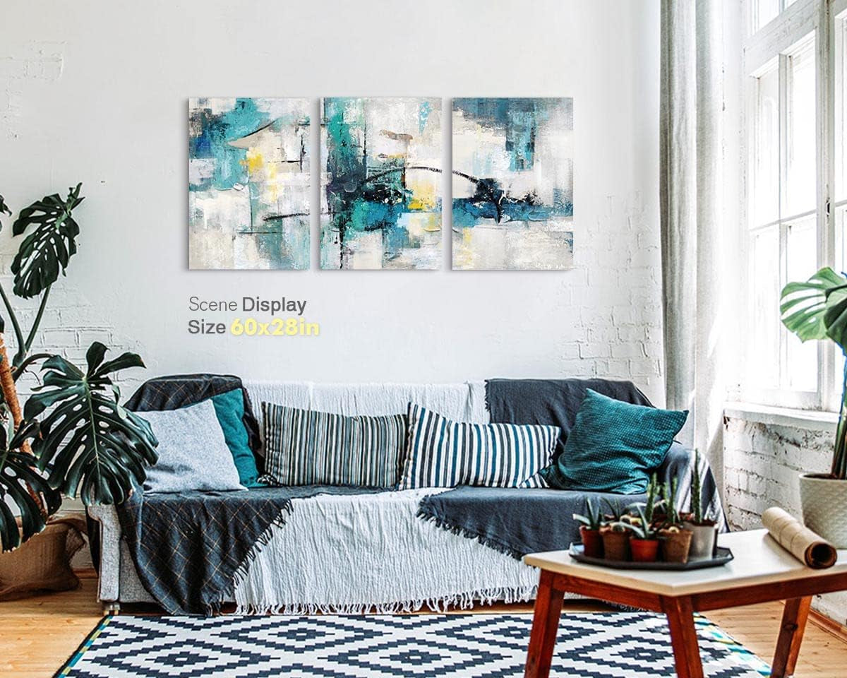 Modern Abstract Wall Art – Teal Canvas Painting for Living Room, Bedroom, Dining Room, Office, Kitchen, Large 60X28 Inch