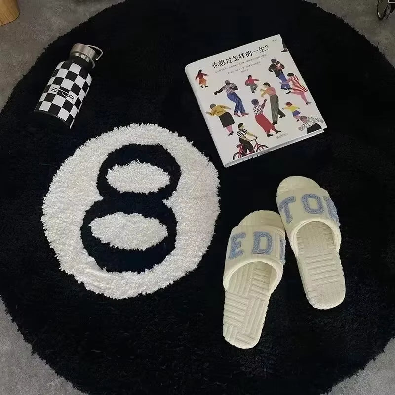 Plush Black 8 Ball Rug Creative Soft Anti-Slip 8 Ball Carpet round Skin Friendly 8 Ball Mat Hoom Decor
