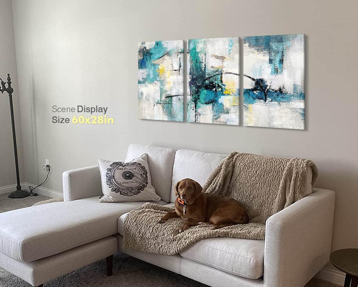 Modern Abstract Wall Art – Teal Canvas Painting for Living Room, Bedroom, Dining Room, Office, Kitchen, Large 60X28 Inch
