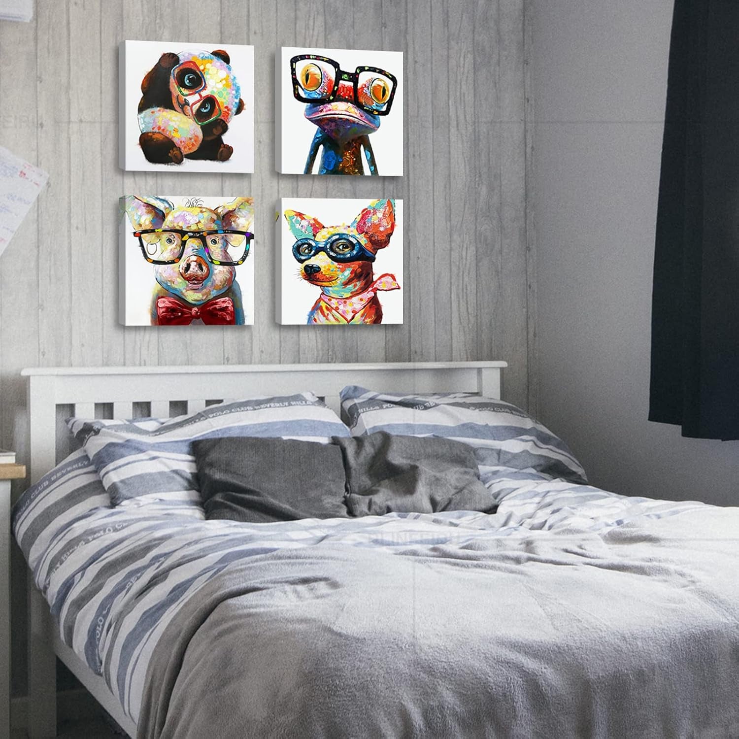 Colorful Cartoon Animal Wall Art Canvas Print Funny Cute Panda Frog Pig Pictures for Kids Bedroom Nursery Decor Artwork Framed 12''X12''X4