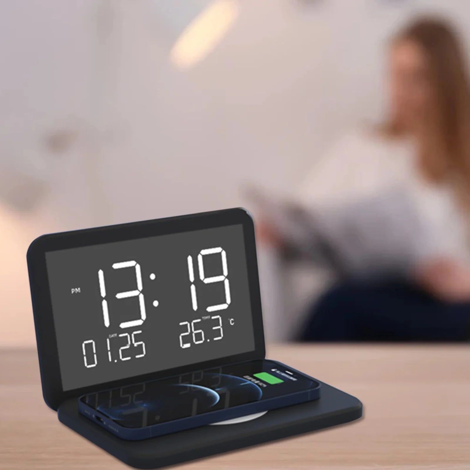 2023 Promotion on Sale, Digital Alarm Clock,Mirror Surface LED Electronic Clocks,With U Charger,Temperature Display,Wireless Charging, Ustom Brightness,For Office Table Bedroom Night