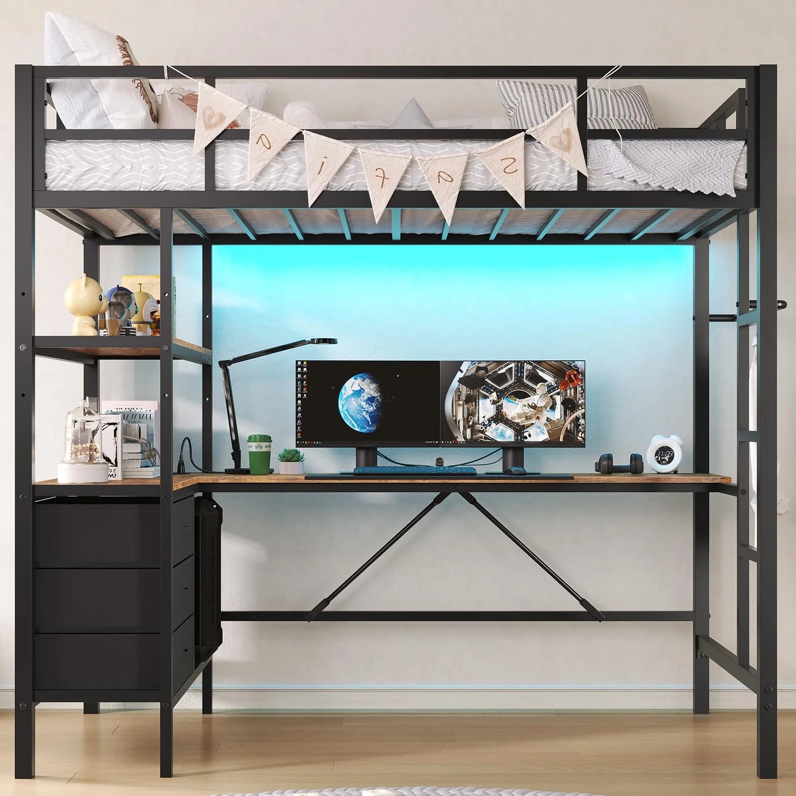 Twin Metal Loft Bed Frame with L-Shaped Desk&Led Lights&Charging Station, Black LED Loft Bed with 3 Storage Shelves&Drawers, No Box Spring Needed