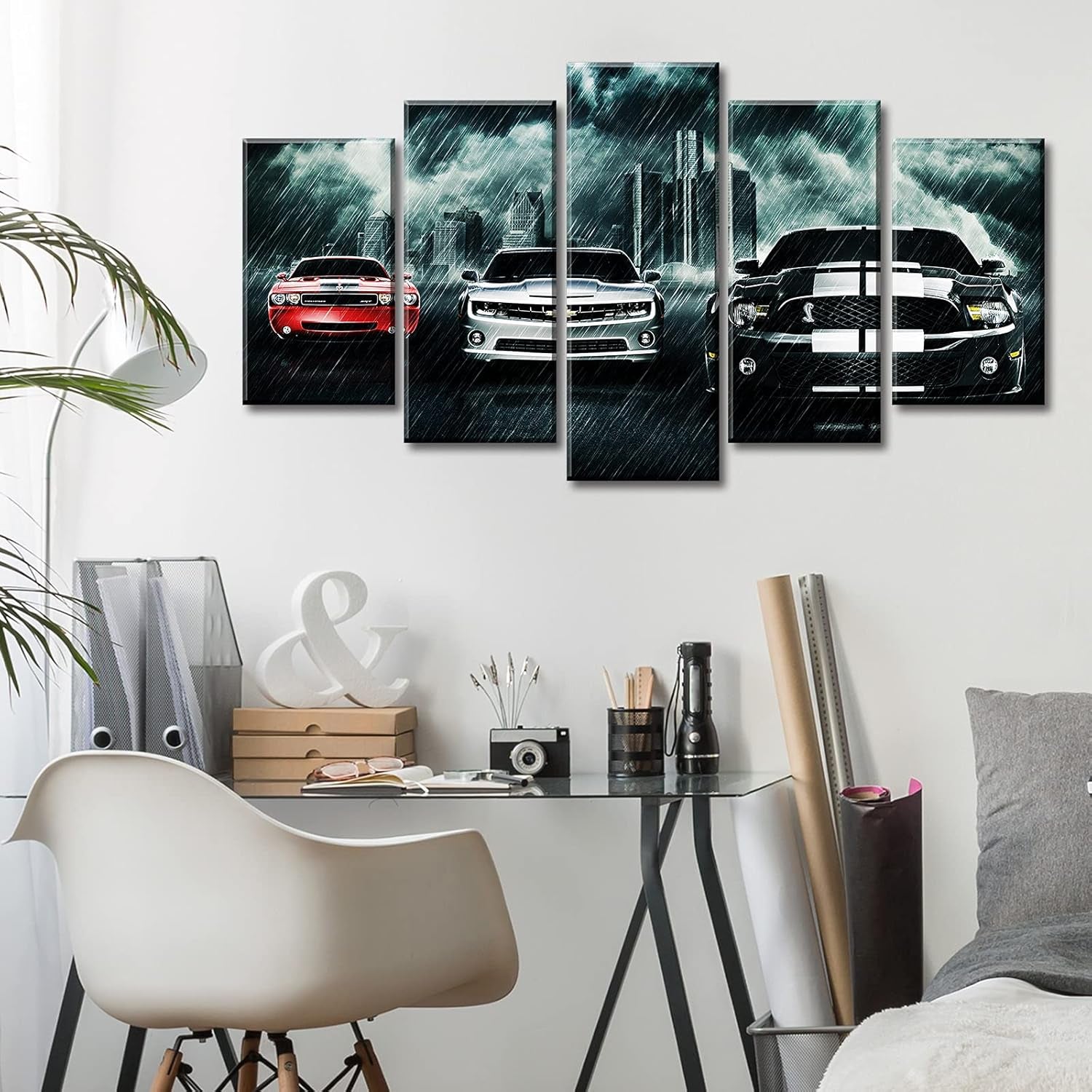 Boys Bedroom Decor Car Posters of Sports Cars Black and White Red Wall Art 5 Piece Muscle Cars Painting Landscape Pictures Canvas Artwork Men Office Decorations Gifts for Teen Boy 40"W X 22"H
