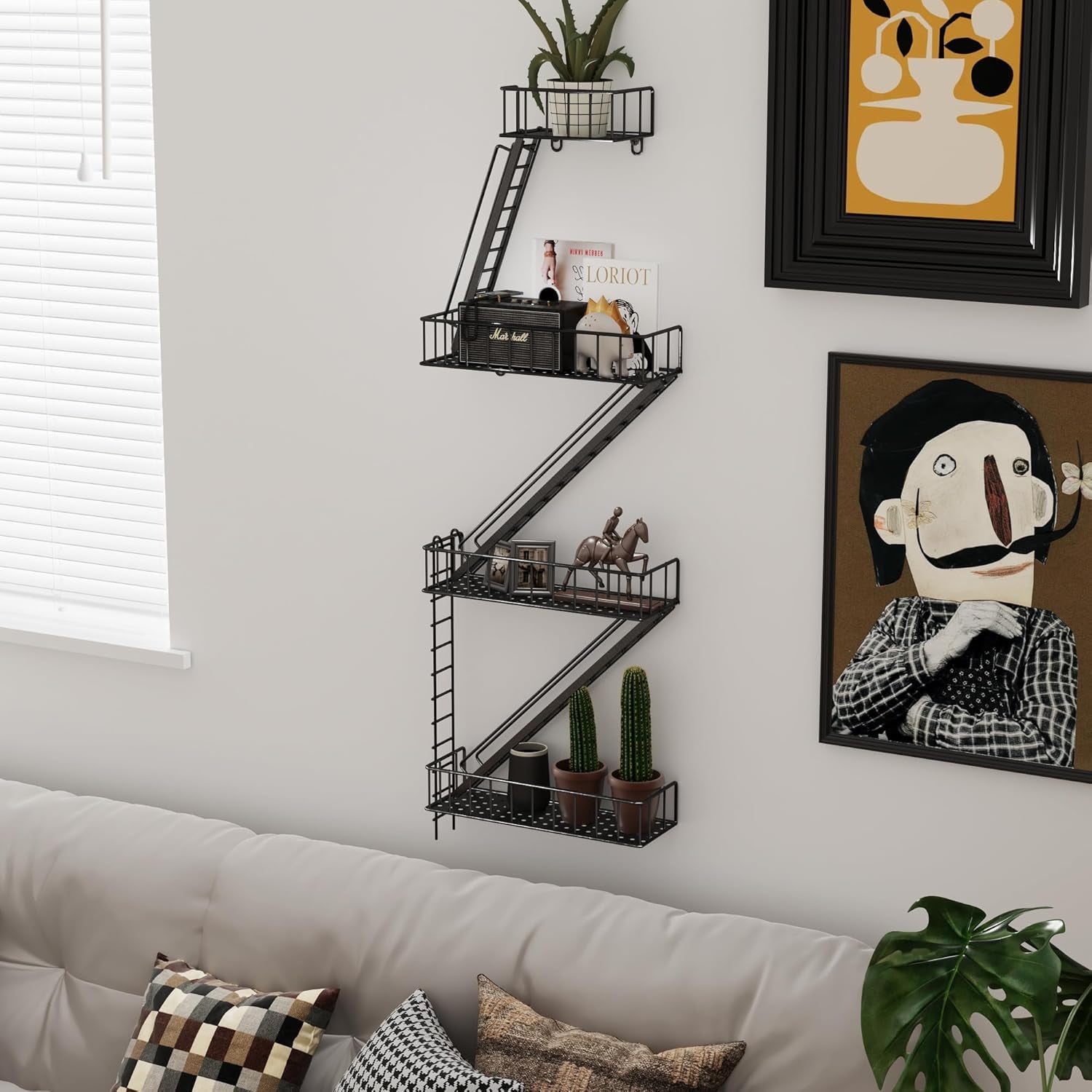 Fire Escape Wall Shelf - 4 Tier Metal Black Fire Escape Shelf with Baskets, New