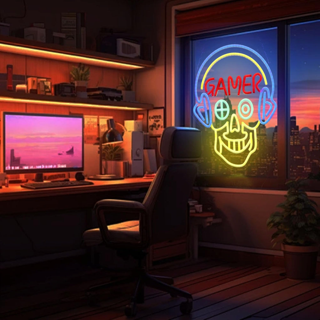 Gamer Skull Neon Sign for Boys Room Decor, Gaming Room Decor, Game Bar Wall D...