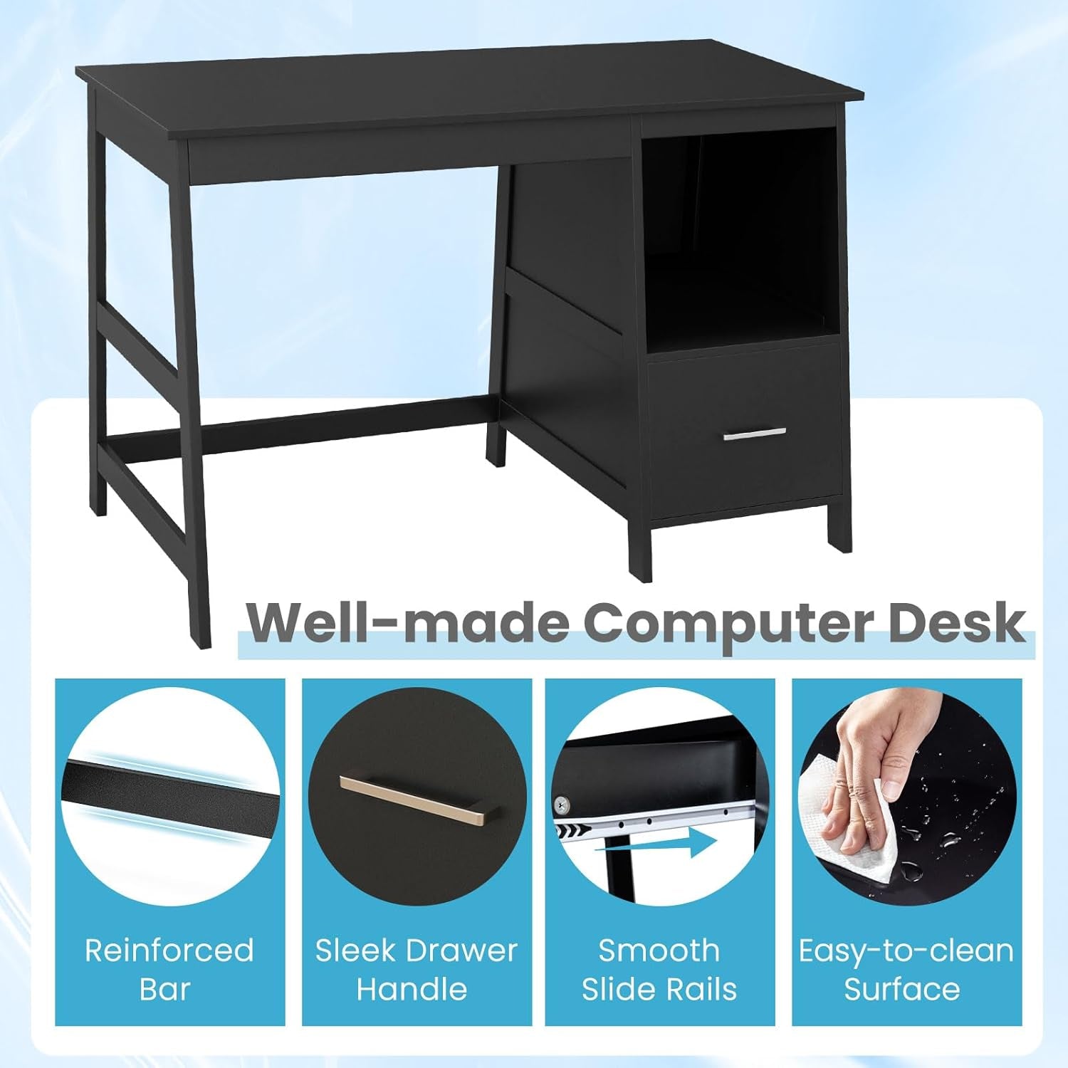 47.5” Computer Desk with 2 Storage Drawers, Small Computer Table Study Writing Desk, Modern Home Office Desk Study Desk with Storage Space (Black)