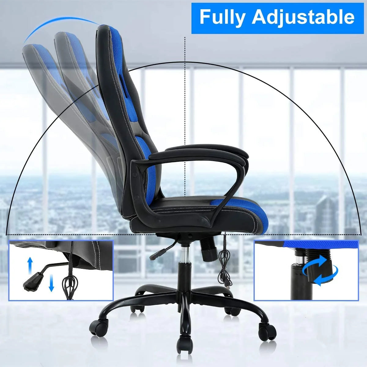 Ergonomic Gaming Chair Massage Computer Desk Chair PU Leather Office Chair Rolling Swivel Racing Chair with 360° Rolling Wheels & Lumbar Support for Teens, Blue