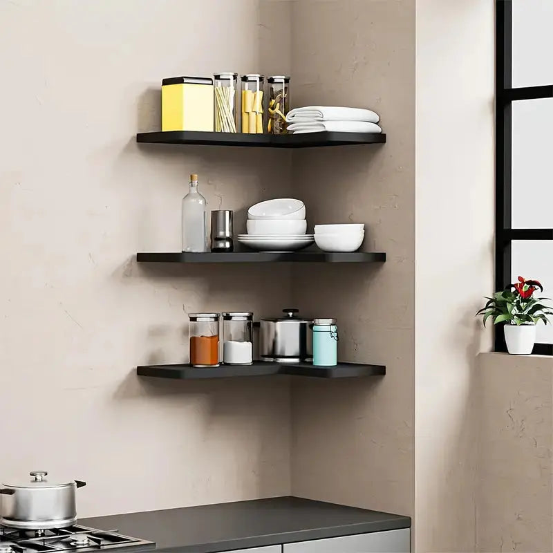 Contemporary Black Corner Floating Shelves - Set of 3-2