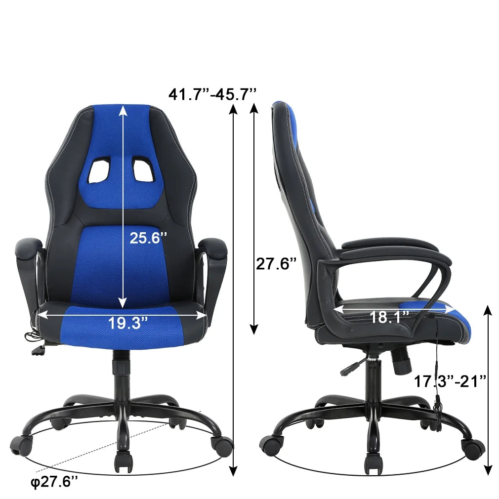 Ergonomic Gaming Chair Massage Computer Desk Chair PU Leather Office Chair Rolling Swivel Racing Chair with 360° Rolling Wheels & Lumbar Support for Teens, Blue