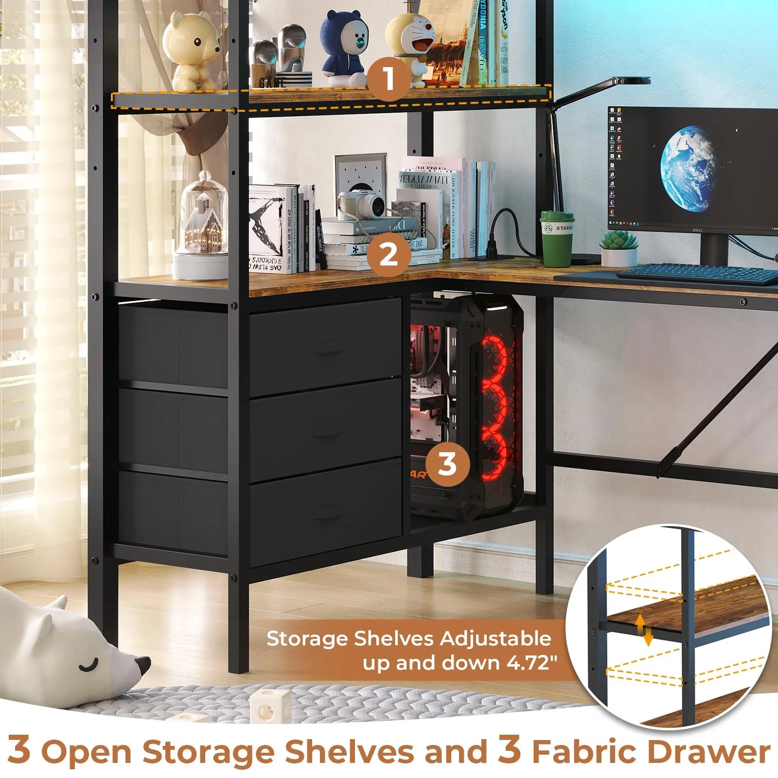 Twin Metal Loft Bed Frame with L-Shaped Desk&Led Lights&Charging Station, Black LED Loft Bed with 3 Storage Shelves&Drawers, No Box Spring Needed