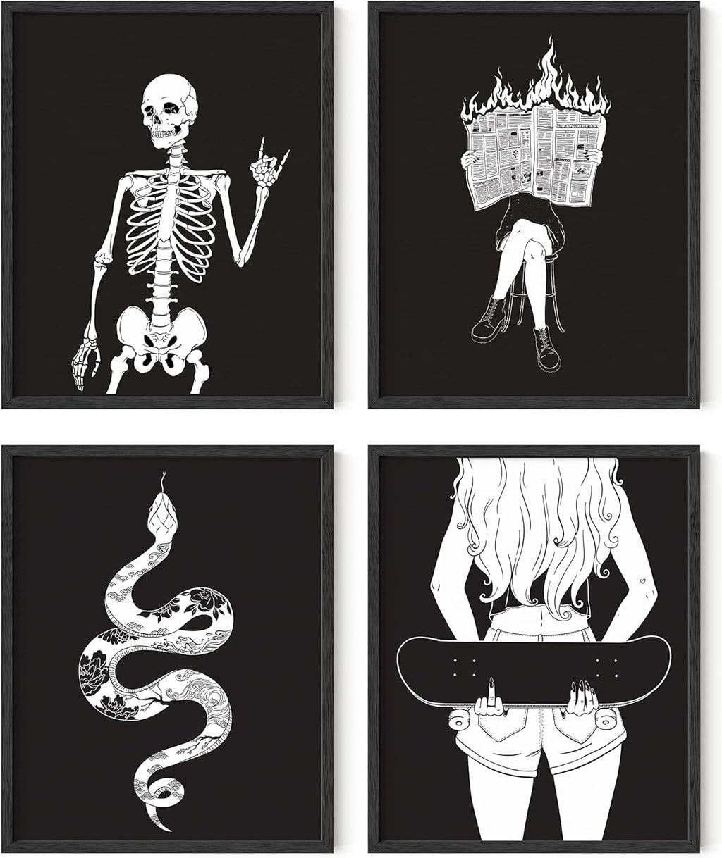 Gothic Wall Art Prints – Set of 4 Dark Academia Halloween Posters, Witchy Skeleton Wall Decor, Gothic Art Prints for Bedroom or Office (8X10, Unframed)
