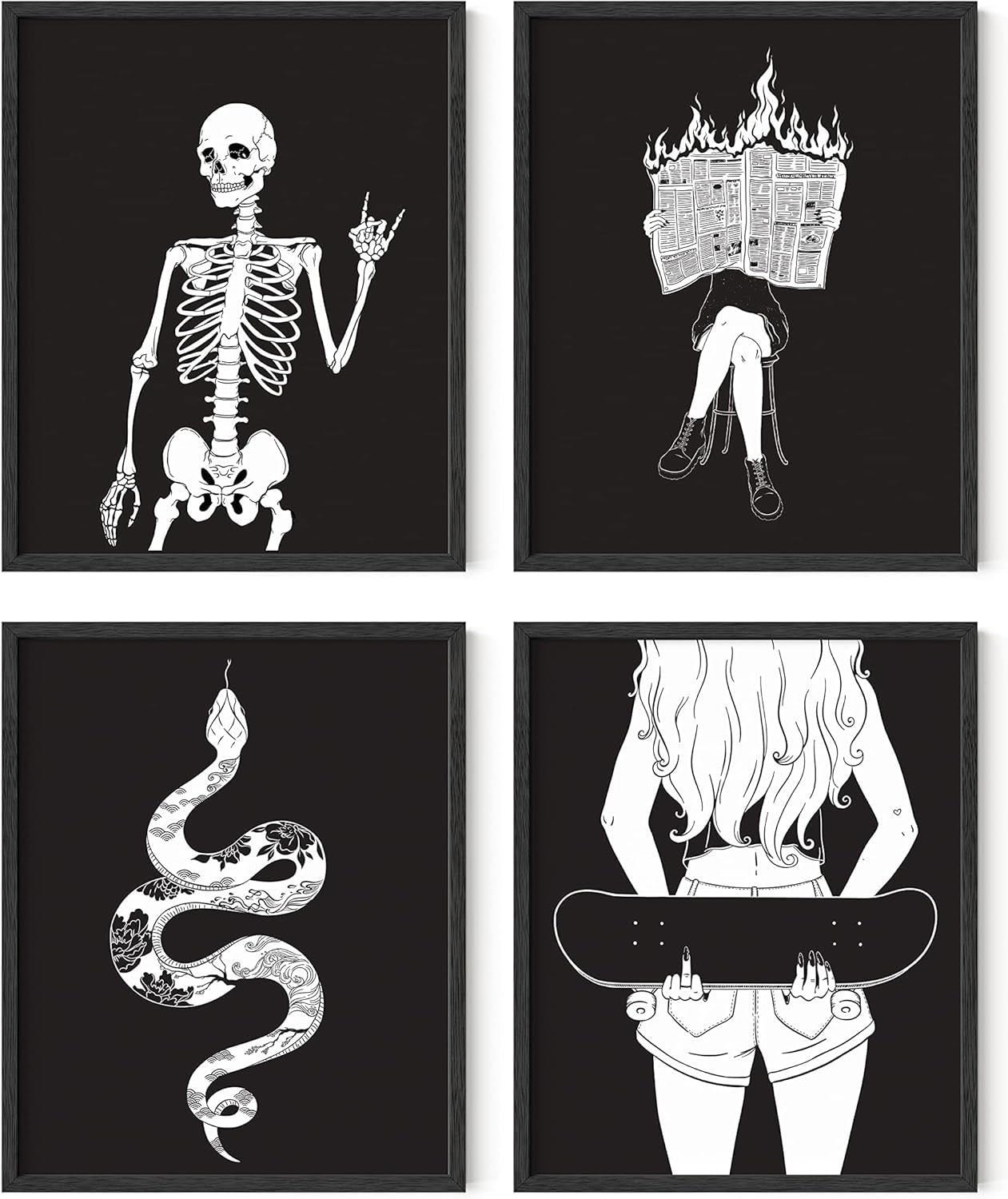 Gothic Wall Art Prints – Set of 4 Dark Academia Halloween Posters, Witchy Skeleton Wall Decor, Gothic Art Prints for Bedroom or Office (8X10, Unframed)