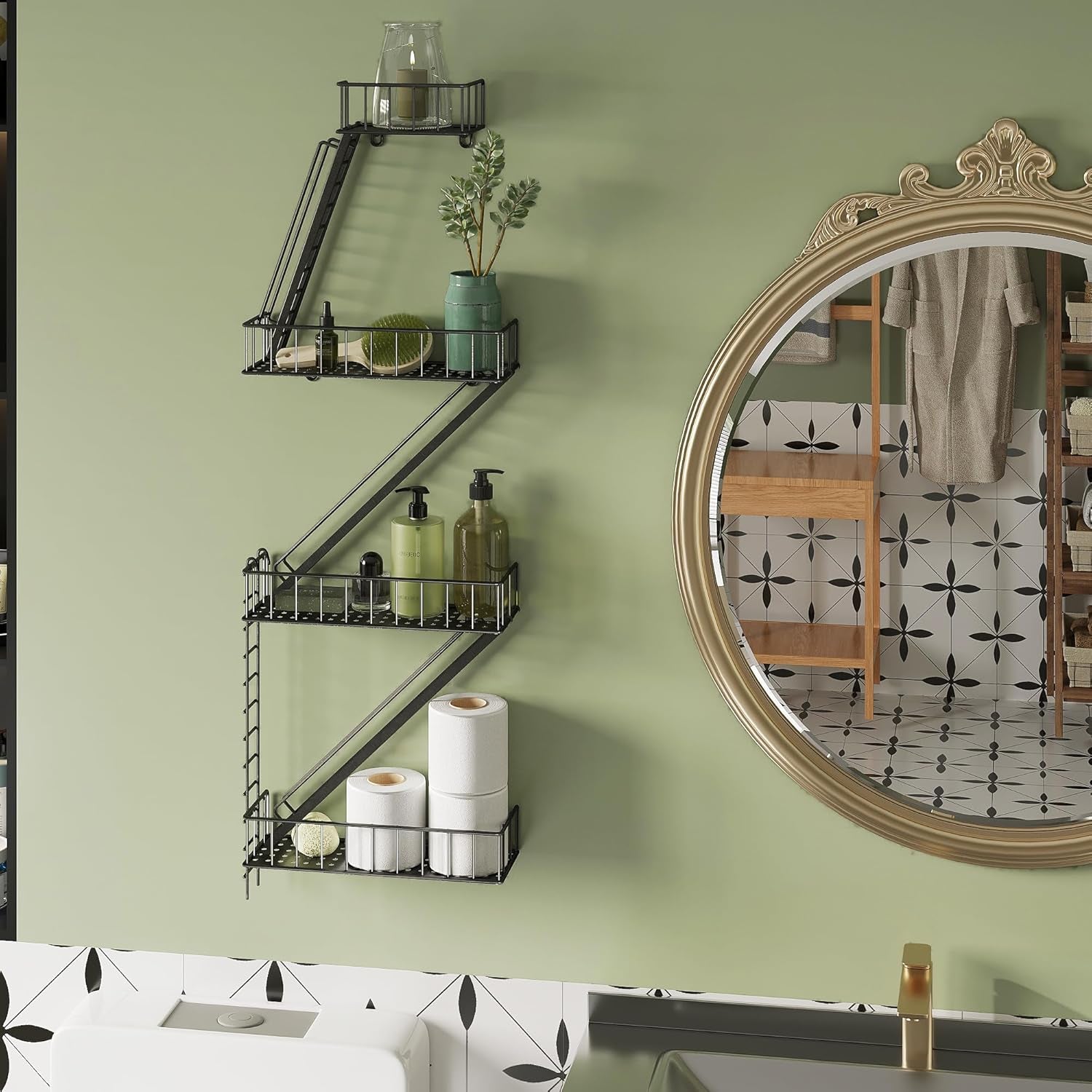 Fire Escape Wall Shelf - 4 Tier Metal Black Fire Escape Shelf with Baskets, New