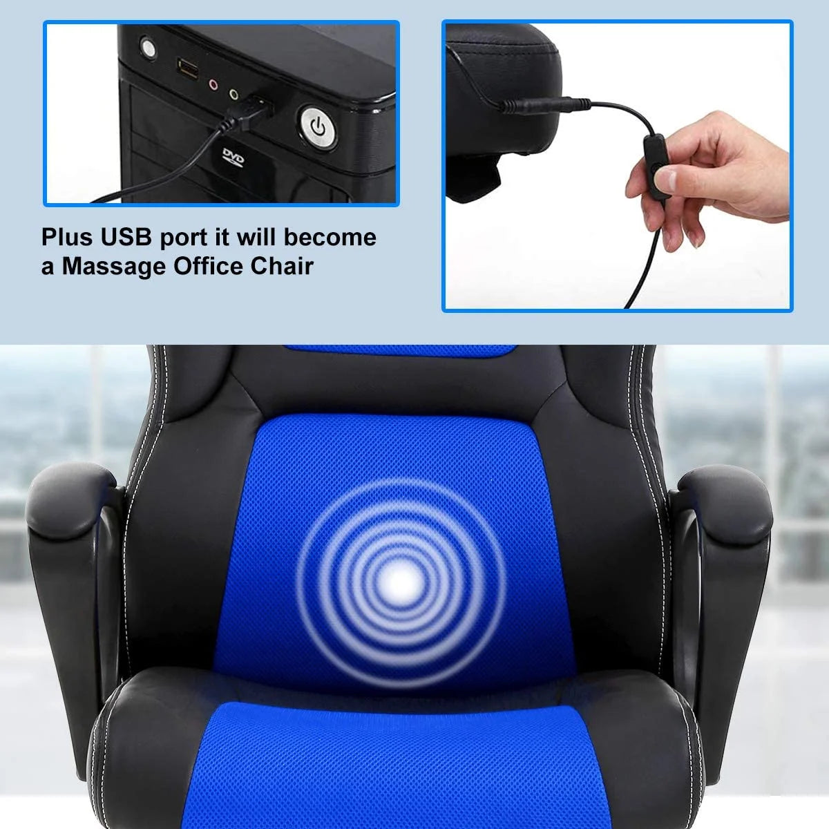 Ergonomic Gaming Chair Massage Computer Desk Chair PU Leather Office Chair Rolling Swivel Racing Chair with 360° Rolling Wheels & Lumbar Support for Teens, Blue