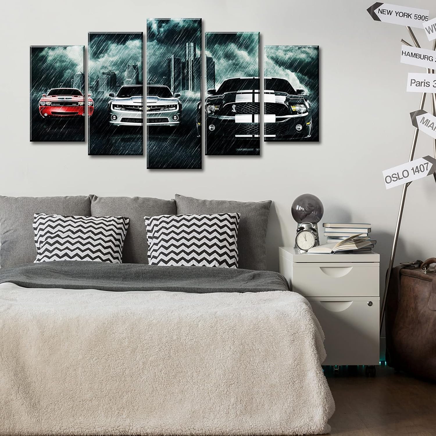 Boys Bedroom Decor Car Posters of Sports Cars Black and White Red Wall Art 5 Piece Muscle Cars Painting Landscape Pictures Canvas Artwork Men Office Decorations Gifts for Teen Boy 40"W X 22"H