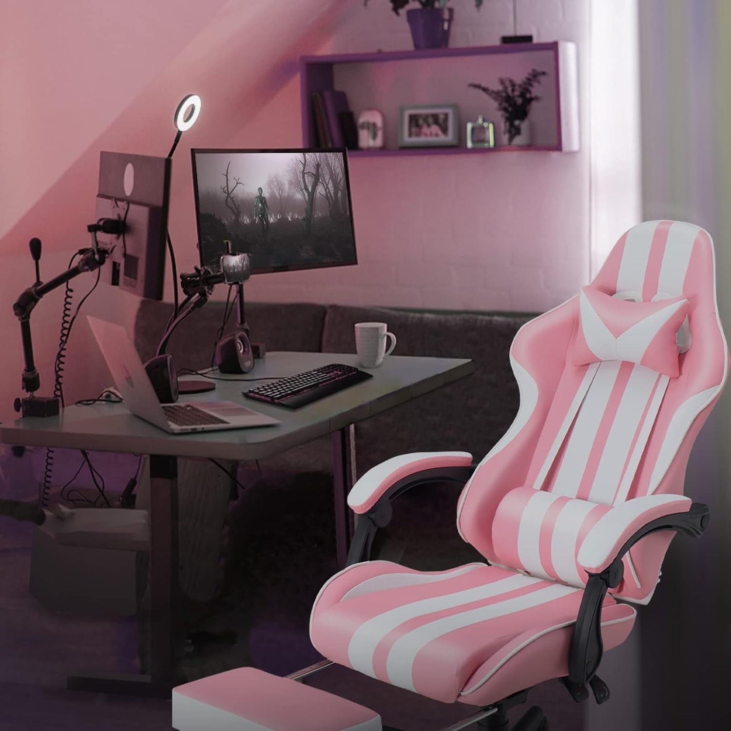 Gaming Chairs with Footrest,Computer Game Chair,Massage Gaming Chairs,Christmas,Xmas Gift,Pc Gaming Chairs for Adults Teens for Gaming Live Streaming Room(Pink,Racing Version)