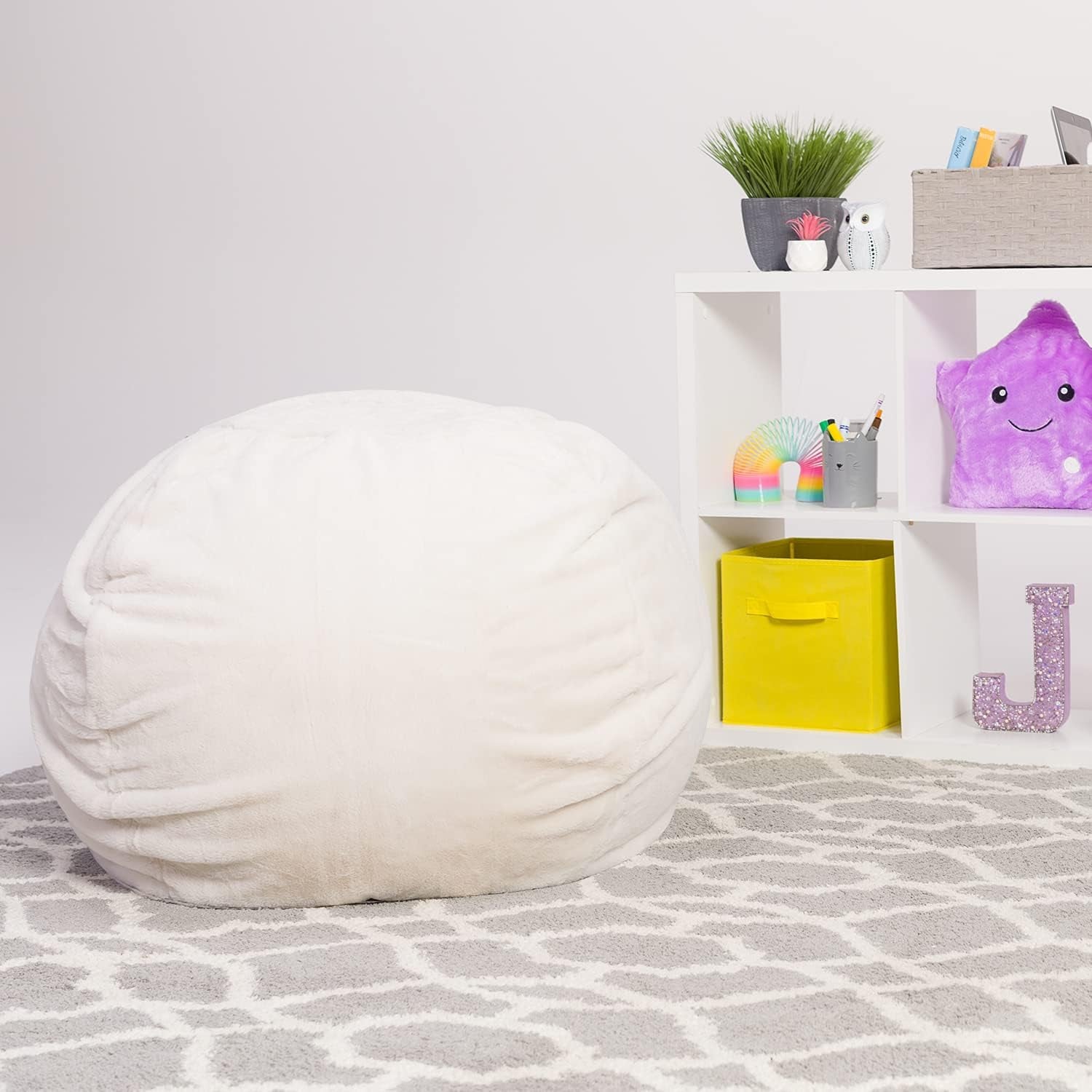 Bean Bag Chair for Kids, Teens, and Adults Includes Removable and Machine Washable Cover, Soft Faux Rabbit Fur - Cream, 38In - Large