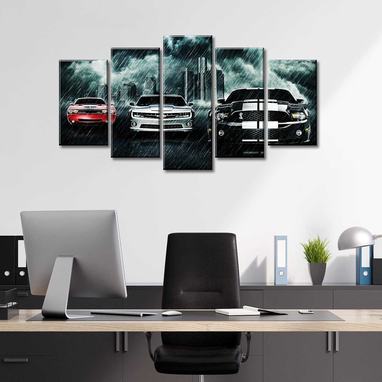 Boys Bedroom Decor Car Posters of Sports Cars Black and White Red Wall Art 5 Piece Muscle Cars Painting Landscape Pictures Canvas Artwork Men Office Decorations Gifts for Teen Boy 40"W X 22"H