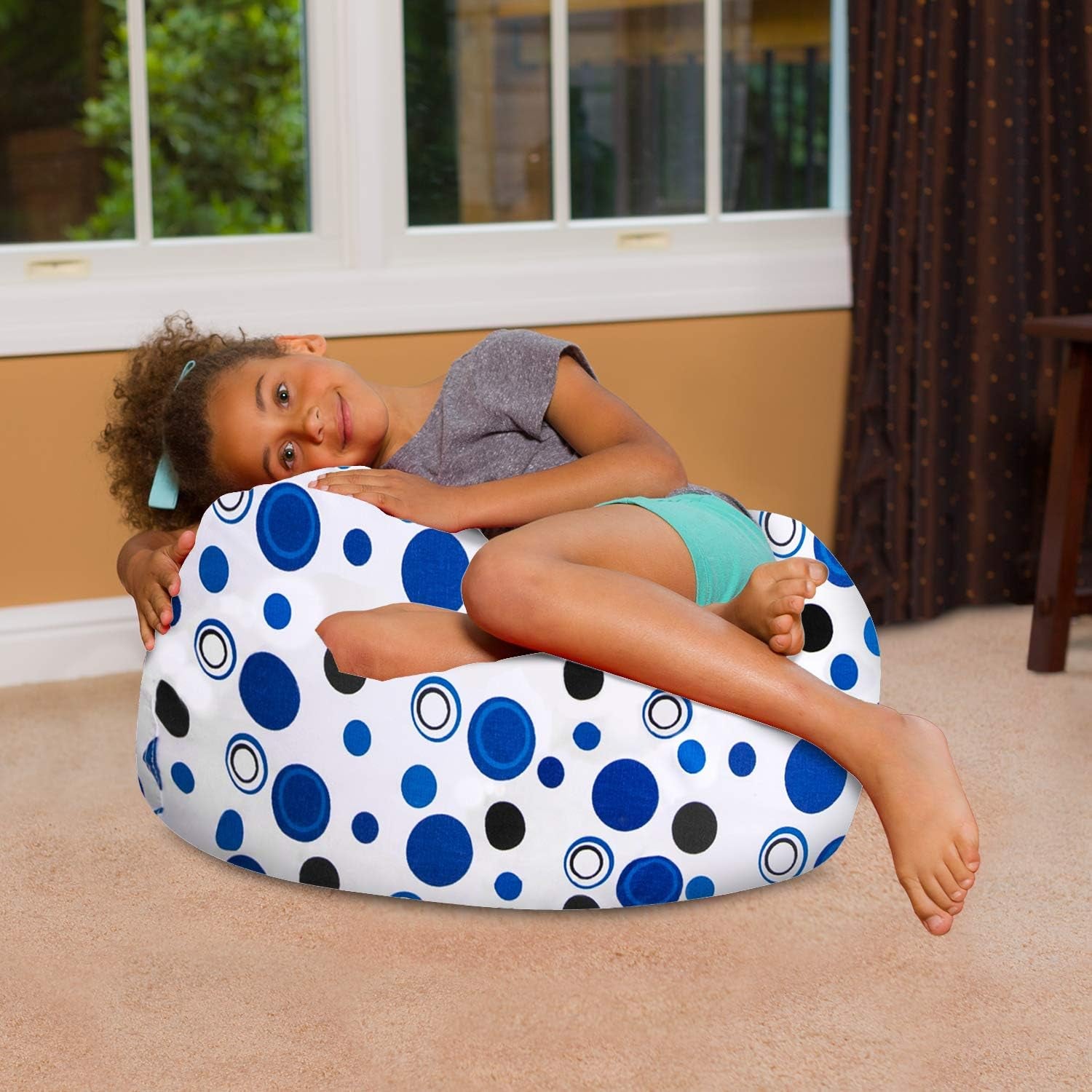 Bean Bag Chair for Kids, Teens, and Adults Includes Removable and Machine Washable Cover, Canvas Bubbles Blue and White, 27In - Medium