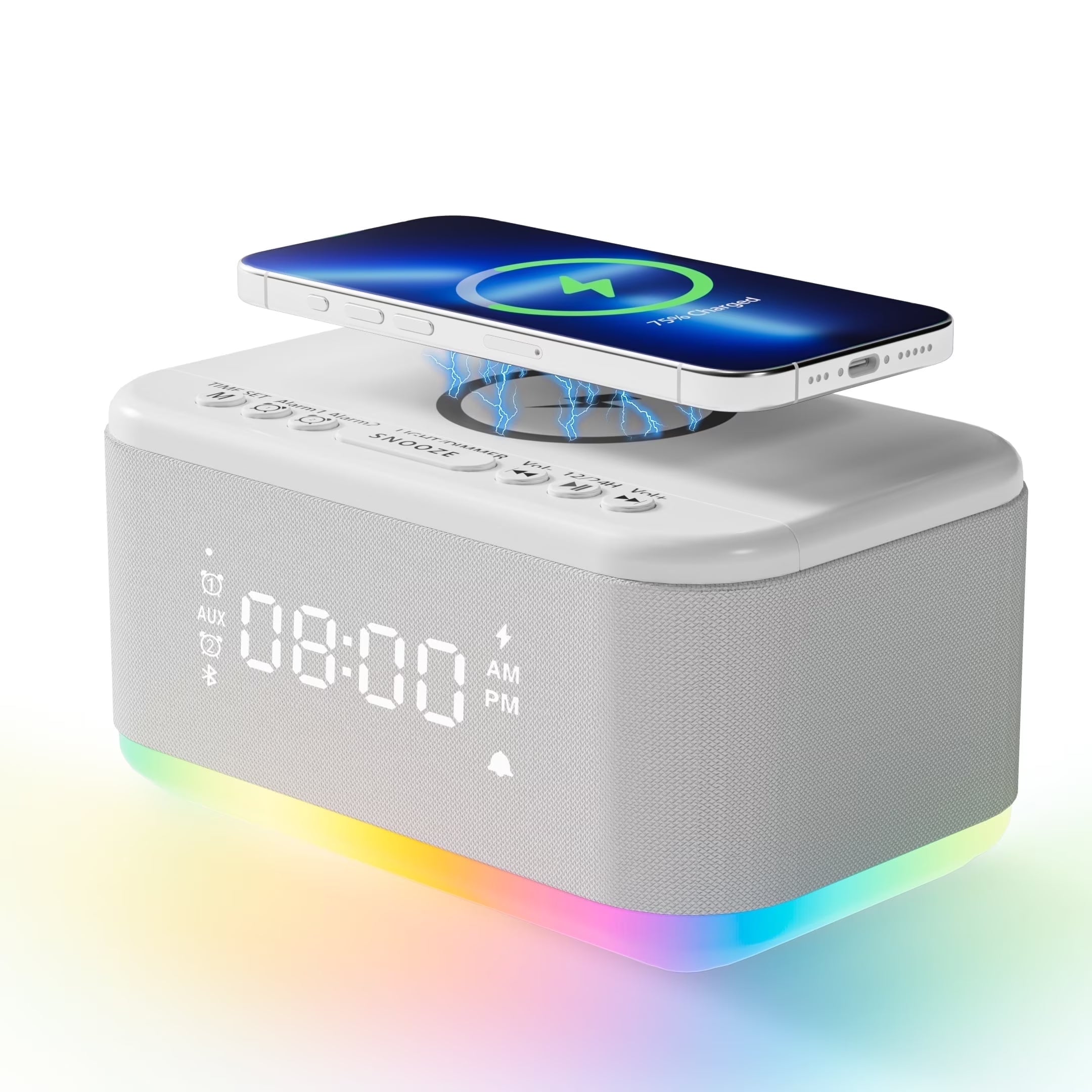 Tech Vibrating Alarm Clocks, Dimmable Digital Alarm Clocks Wireless Charger Bluetooth (Gray)