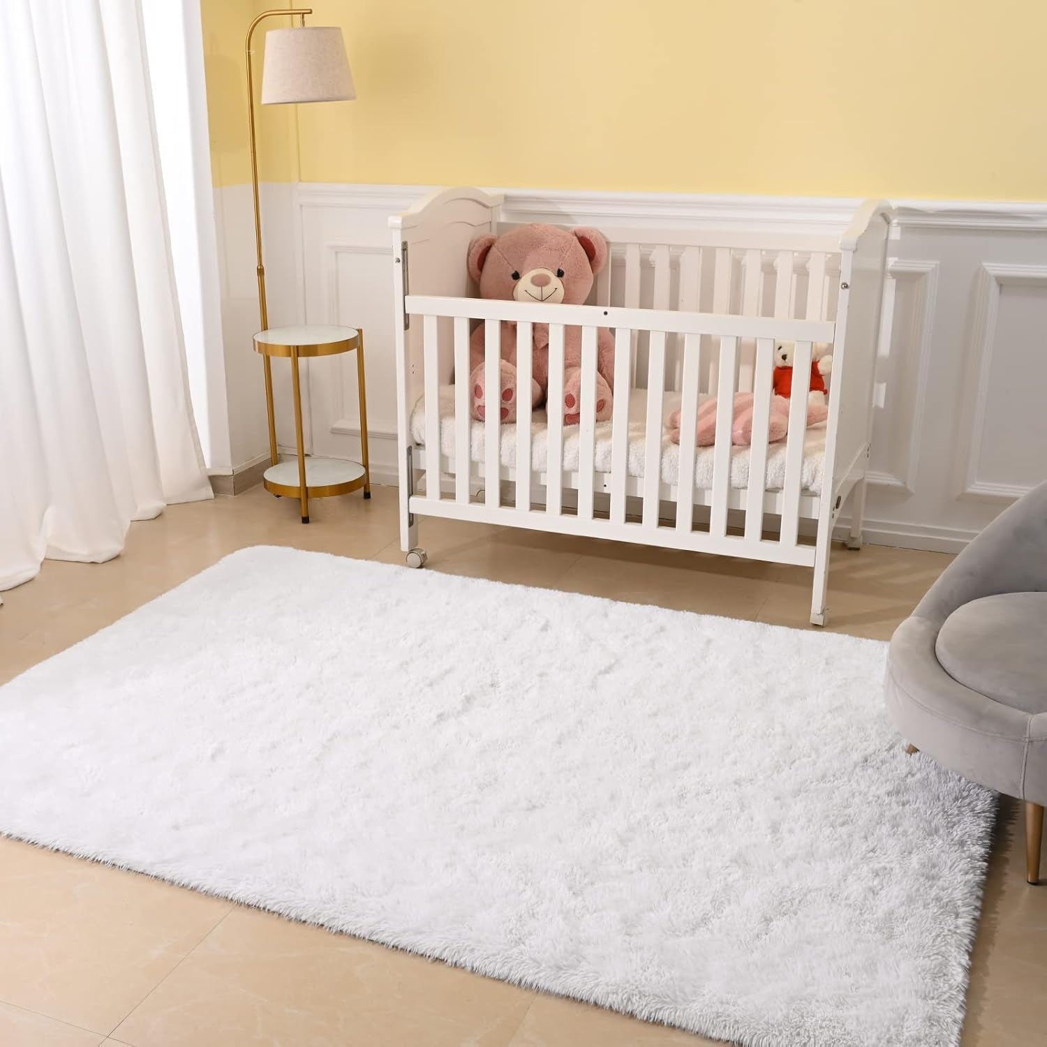 Fluffy Shag Bedroom Rug, 5X8 Feet White Area Rugs for Living Room Nursery Bedside, Fuzzy Plush Dorm Rug for Girls Kids, Furry Carpet for Indoor Modern Soft Home Decor