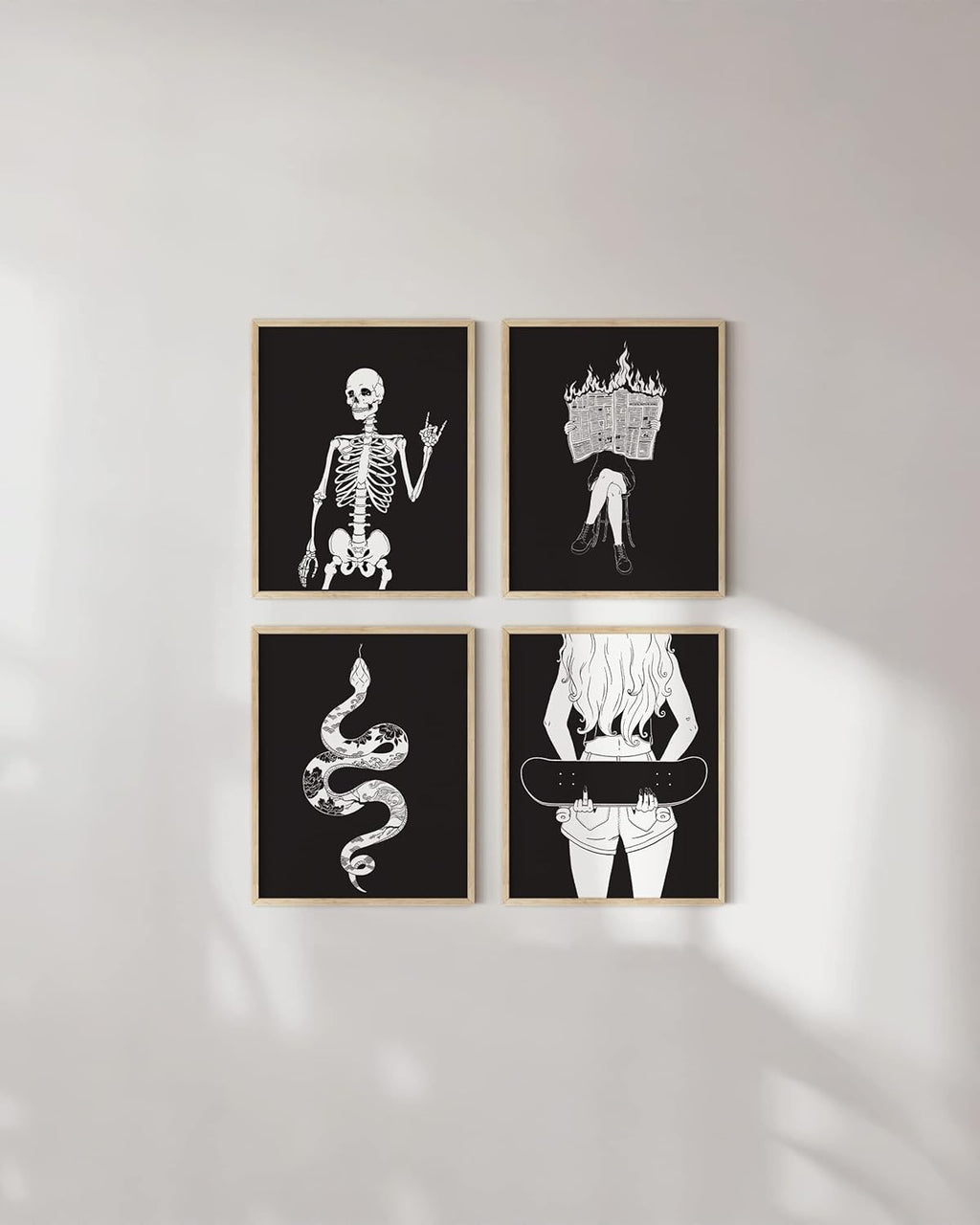 Gothic Wall Art Prints – Set of 4 Dark Academia Halloween Posters, Witchy Skeleton Wall Decor, Gothic Art Prints for Bedroom or Office (8X10, Unframed)