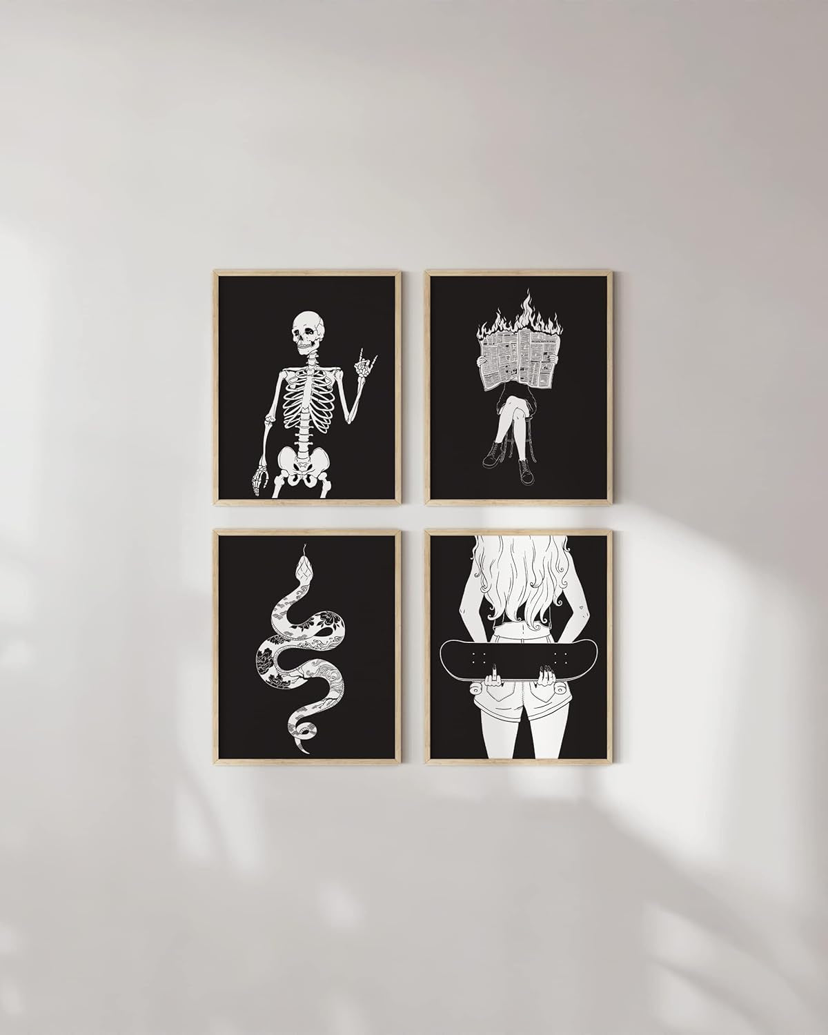 Gothic Wall Art Prints – Set of 4 Dark Academia Halloween Posters, Witchy Skeleton Wall Decor, Gothic Art Prints for Bedroom or Office (8X10, Unframed)
